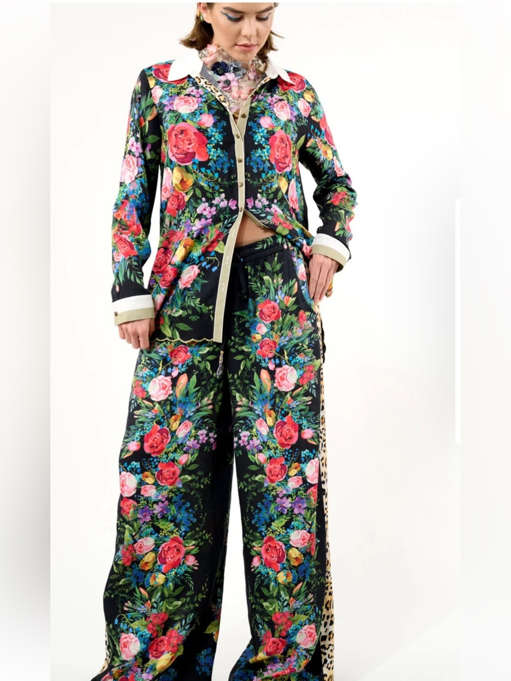 Floral Wide-Leg Satin Pants set  - Black Multi/set